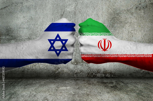 3D-Illustration of a Concept of the Conflict between Israel and Iran with two opposing fists in front of a wall. 3D-Rendering