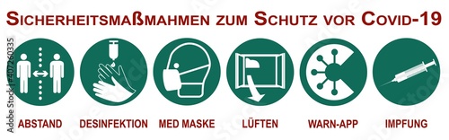 Banner mit Sicherheitsmaßnahmen zum Schutz vor Covid-19.