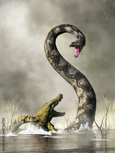 A huge snake rears up out of the water to confront an unfortunate crocodile.  This is titanoboa, the largest snake to ever live. 3D rendering