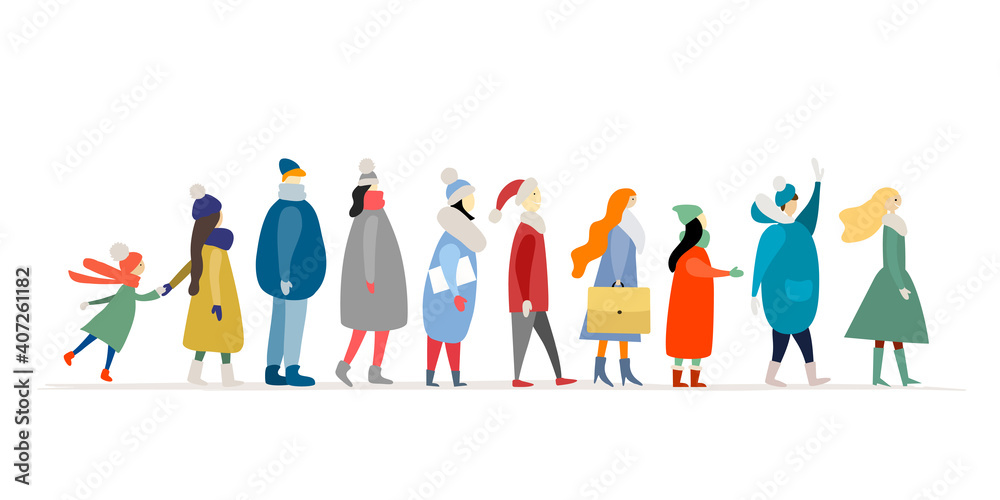 People of different ages and gender stand in line. Flat style characters. Use for illustration queue at the bank, hospital, store etc. Winter season