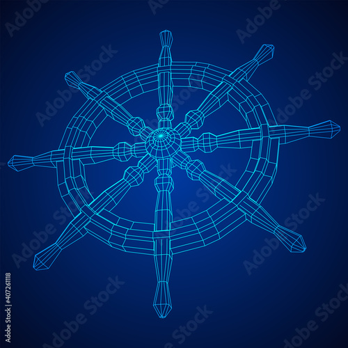 Ship steering wheel. Marine rudder. Wireframe low poly mesh vector illustration.