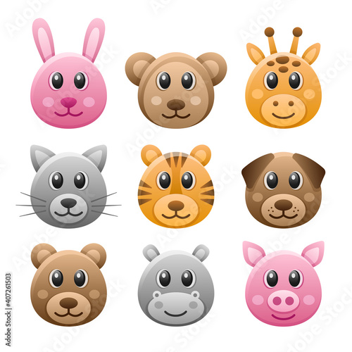Cute Simple Animal Set of Faces: Cat, Bear, Hippo, Rabbit, Tiger, Giraffe, Monkey, Dog, Pig. Vector Illustration Icons Heads isolated on White Background.