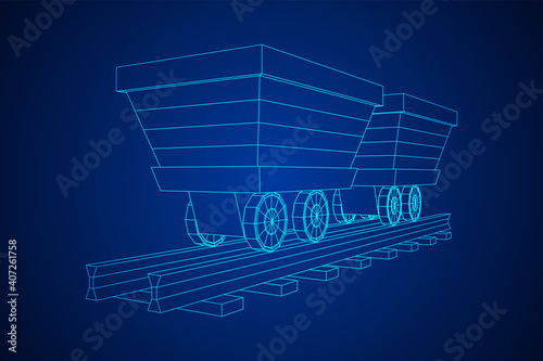 Trolley mine on rails. Wireframe low poly mesh vector illustration.