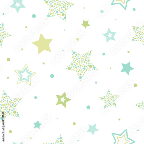 Seamless cute pattern with green and blue stars made of dots and circles on white background.