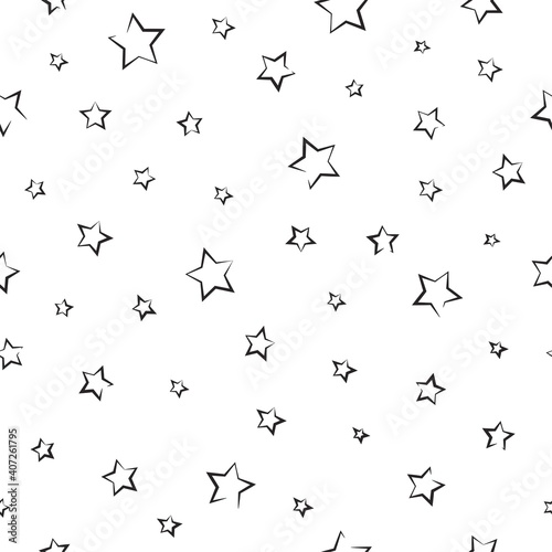 Seamless fairytale pattern with calligraphic and shabby stars on white background.