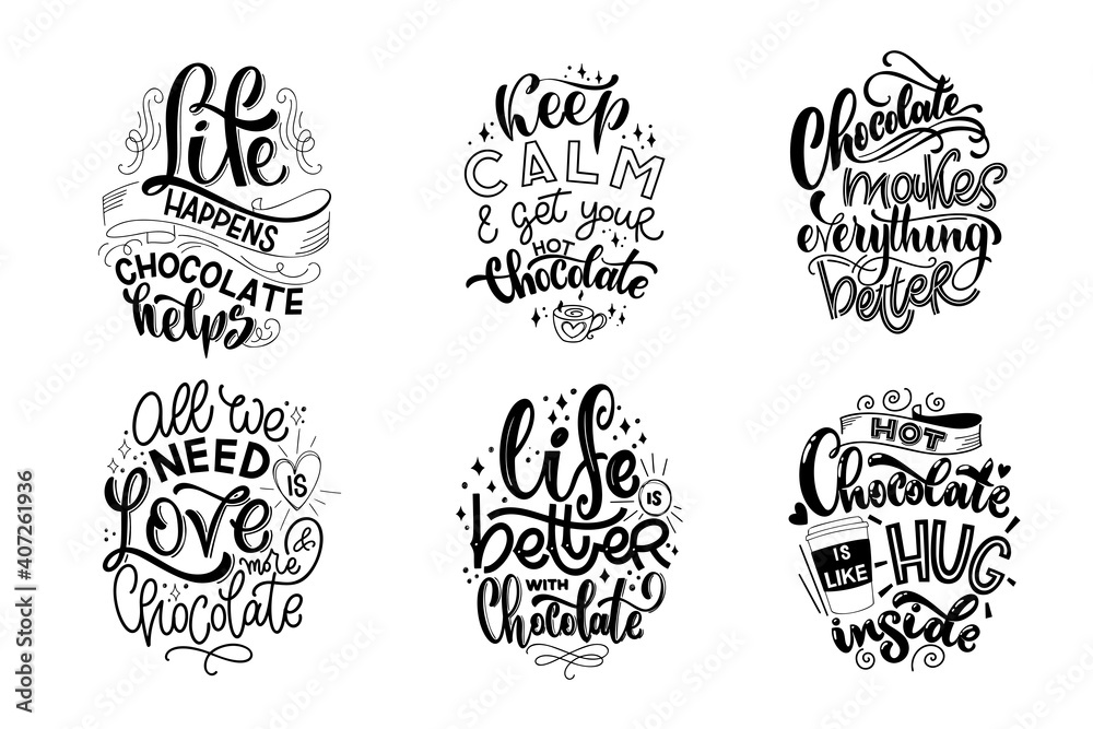 Chocolate hand lettering quotes set. Warm winter word composition. Vector design elements for t-shirts, bags, posters, cards, stickers and menu