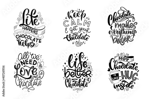 Chocolate hand lettering quotes set. Warm winter word composition. Vector design elements for t-shirts, bags, posters, cards, stickers and menu
