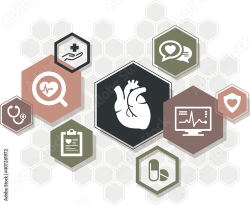 cardiology vector illustration. Concept with connected icons (no people) related to healthcare, cardiac system, cardiologist checkup, heart disease or surgery, cardio medicine or diagnostics.