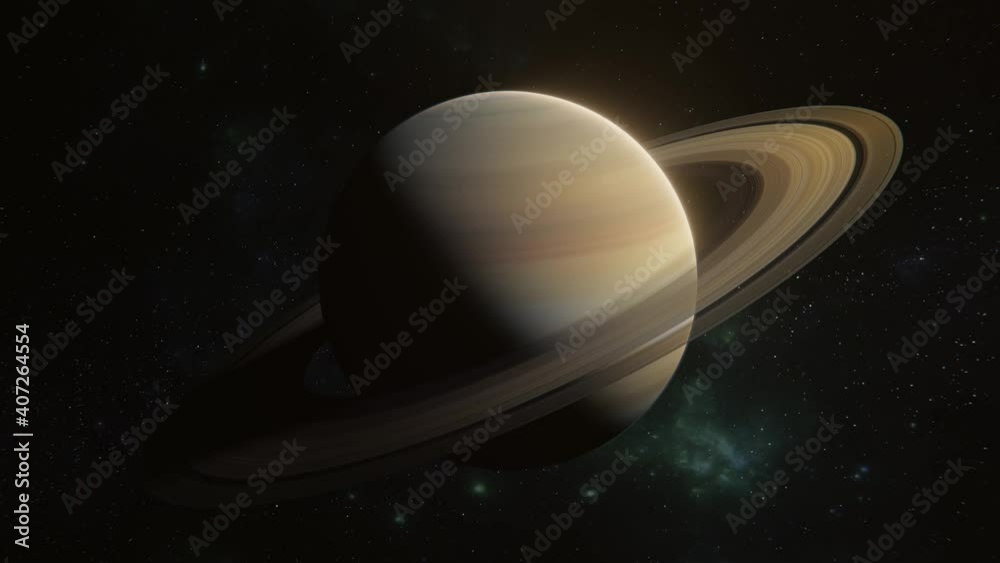 Amazing footage of planet Saturn in outer space. Saturn planet is rotating in cosmos