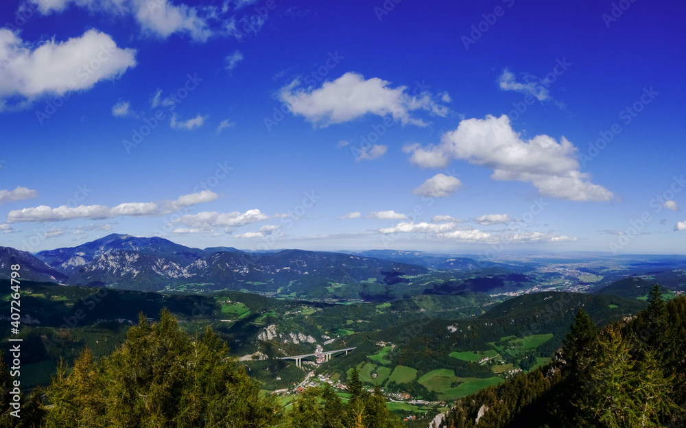 beautiful wide view from a mountain into the valley panorama
