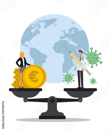 Business woman and doctor over a balance. Money, Corona virus and world.