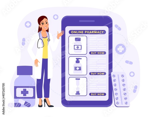 Medical online pharmacy concept, vector illustration. Medicine mobile app, smartphone flat design and internet healthcare.