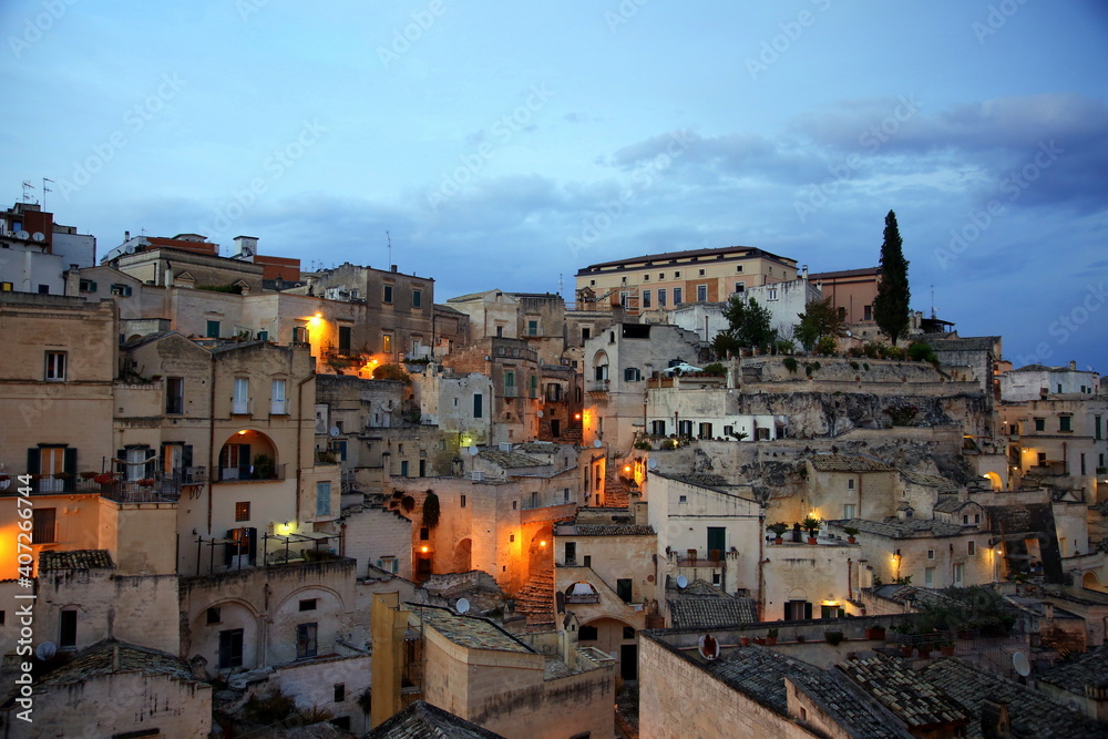 Evening view of the Sasso Barisano of Matera, European Capital of Culture 2019