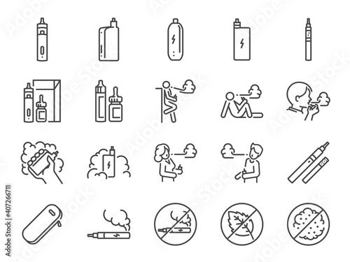 Vaping line icon set. Included the icons as smoking, vapor, vape, electronic cigarette, unhealthy living, and more.
