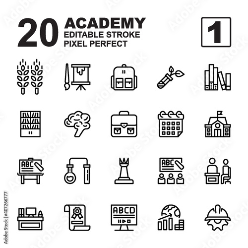 Icon Set of Academy. Outline style icon vector. Contains such of agriculture, class, university, school, chemistry, learning, daring, chalkboard, bookshelf and more. Editable Stroke and Pixel perfect.