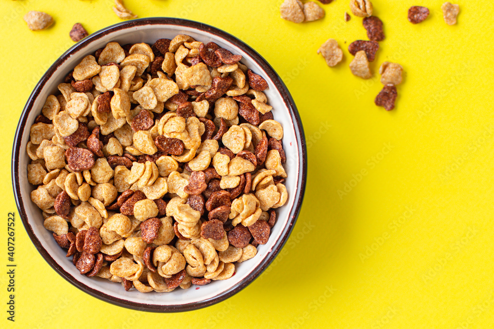 cornflakes breakfast on a plate ready to eat on the table for healthy meal snack outdoor top view copy space for text food background image cornflakes breakfast on a plate ready to eat on the table for healthy meal snack outdoor top view copy space for text food background image