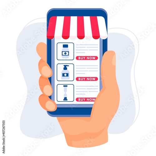 Medical online pharmacy concept, vector illustration. Medicine mobile app, smartphone flat design and internet healthcare. Hand holding smartphone and buying medicine online vector illustration.