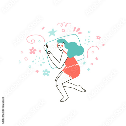 Young girl sleeping well as a part of her self care or evening routine. Beauty rituals concept. Insomnia treatment. Vector illustration in a flat style