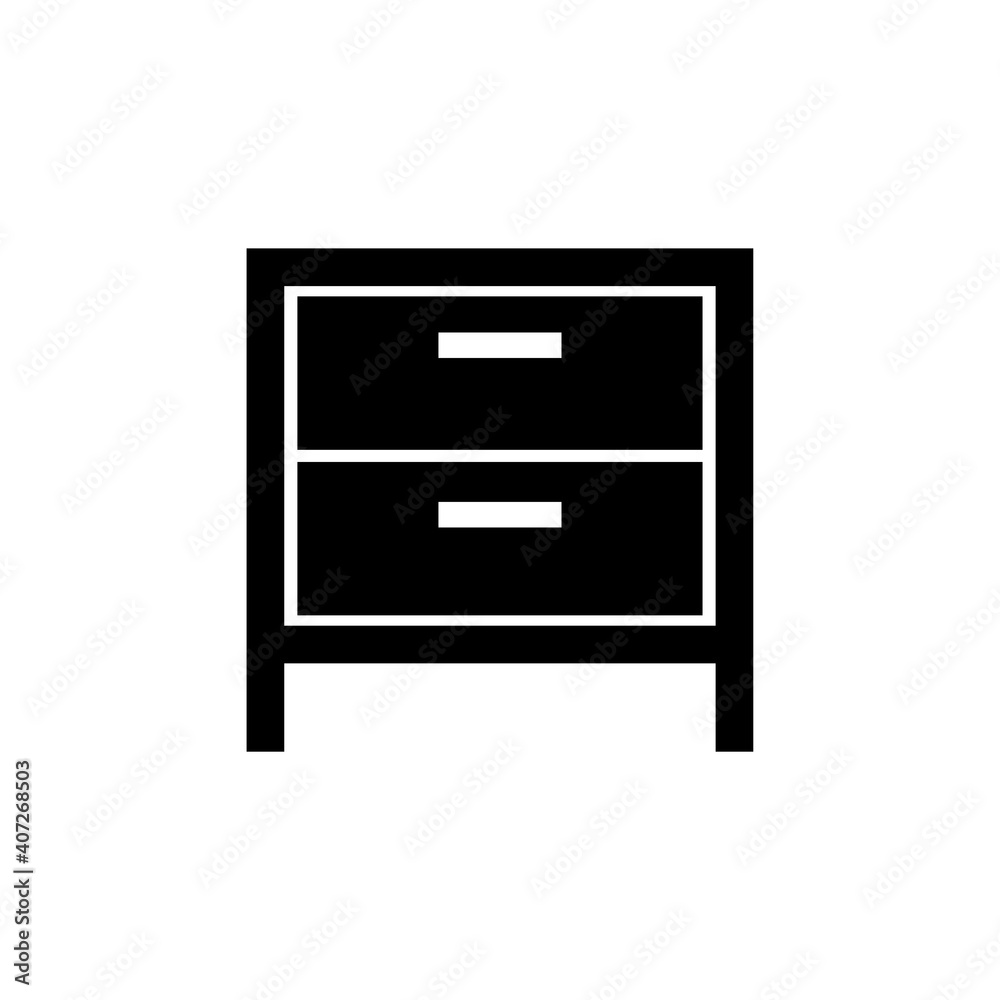 Bedside table icon. Black silhouette. Front view. Vector flat graphic illustration. The isolated object on a white background. Isolate. Bedside table icon. Black silhouette. Front view. Vector flat graphic illustration. The isolated object on a white background. Isolate.