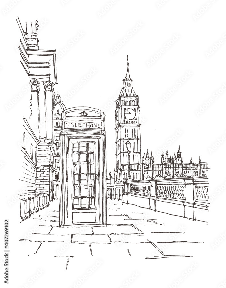 Fototapeta premium Bigben and telephone booth in London. Architecture sketch illustration. Hand drawn sketch of London city, UK. Isolated on white background. Travel sketch. Hand drawn travel postcard.