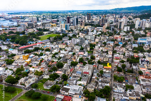 Aerial view, city view of Port Louis with harbor, old town and financial district, Mauritius