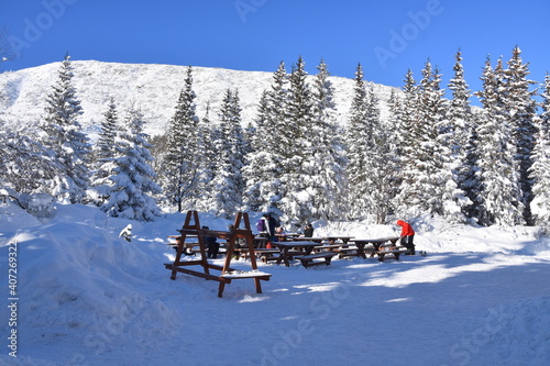 Turyści na szlakach w Tatrach, Dolina Gąsienicowa w Tatrzańskim Parku Narodowym, zimowe szlaki turystyczne