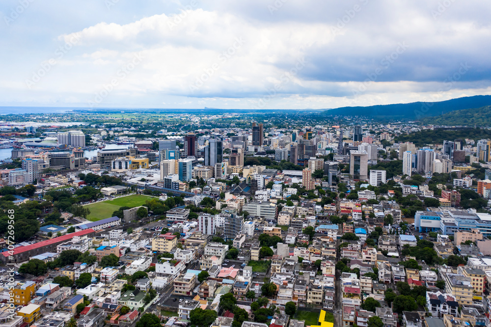 Aerial view, city view of Port Louis with harbor, old town and financial district, Mauritius