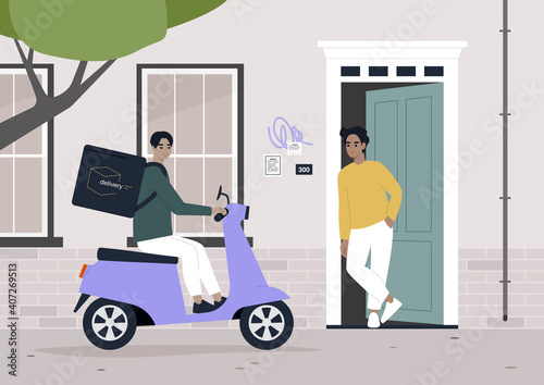 Delivery service, a courier arriving at customer's door on an electric scooter, ordering food online