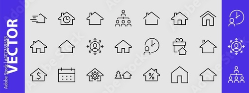 Simple set of line vector home icons. Contains house symbols at interest, infuse house and more. Editable stroke. 480x480 pixels perfect