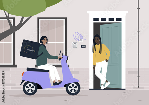 Delivery service, a courier arriving at customer's door on an electric scooter, ordering food online