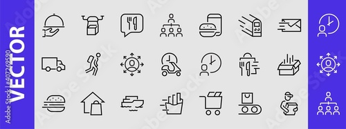 PIZZA DELIVERY, and Food Icon Set Vector thin line, contains courier, home delivery, food ordering, fast transport, drone, ship, car, editable stroke. ICONS circuits