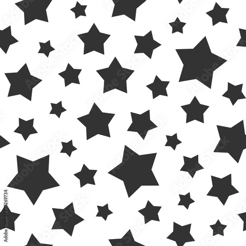 Seamless cute pattern with black stars or sparkles and snow on white background.