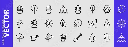 A set of Rosteniya Icons, and garden care, Vector illustration, Contains Icons such as tree, cactus, watering can, spade, flower and much more. on a white background, editable bar 480x480