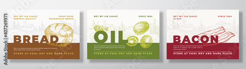 Bacon, Olive Oil and Sourdough Bread Food Label Templates Set. Abstract Vector Packaging Design Layouts Bundle. Modern Typography Banners with Hand Drawn Rural Landscape Background. Isolated