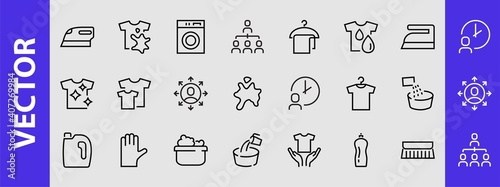 Simple set of washing related vector line Icons. Contains icons such as washing machine, powder, laundry, dirty t-shirt and much more. On a white background, editable stroke. 48x48 pixels perfect