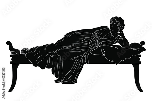 A young ancient Greek woman lies on the bed with pillow isolated on white background.