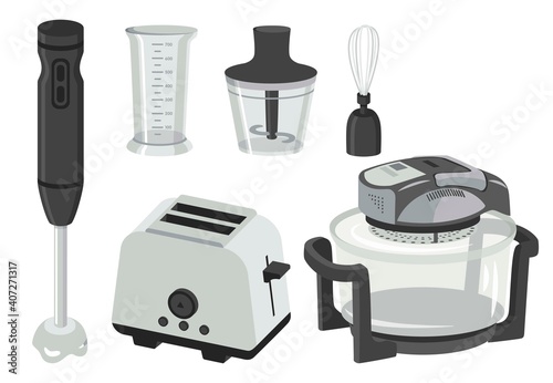 Set of home kitchen appliances. Kitchen equipment. Blender, toaster, convection oven, airfryer. Household management. Vector illustration.