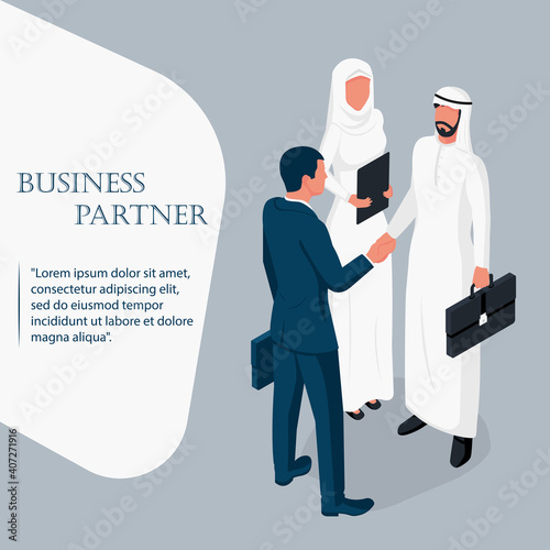 Arab businessman with a secretary at a business meeting. Handshake of two businessmen. Landing page business people deal. Isometric 3D design. Vector illustration. Deal agreement. Shake hand.