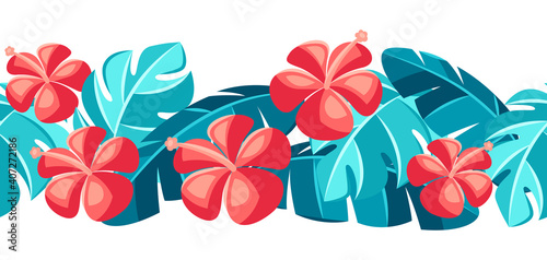 Seamless pattern with hibiscus flowers and palm leaves.