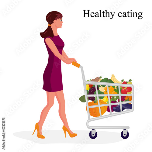 Beautiful slender girl. A woman is shopping at a grocery supermarket and is carrying a shopping cart. Healthy eating. Vector illustration.