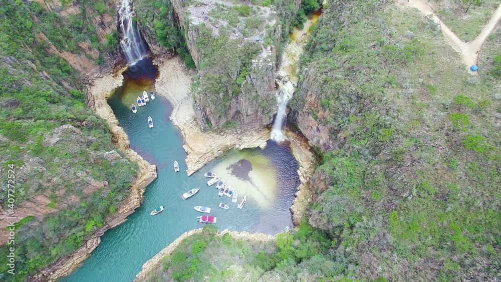 Top aerial view at the waterfalls of Canyons of Furnas, boat rides and the Mar de Minas at Capitólio - MG, Brazil. Brazilian tourist destination of eco tourism.