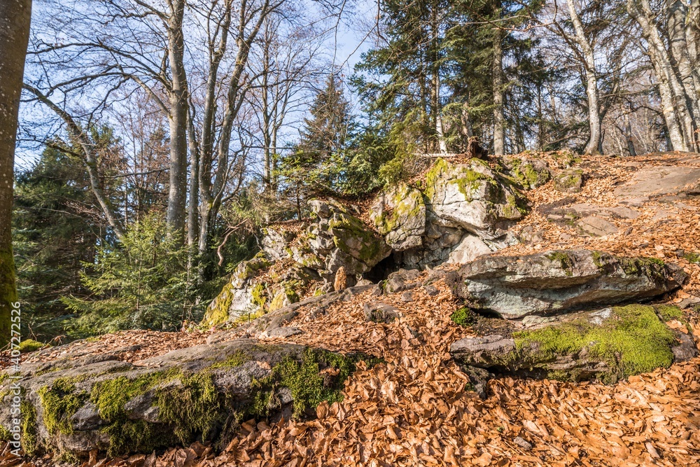 Alte verwitterte Granit Felsen Formation mit Höhle und Durchbruch im Wald auf der Rusel und Ruselabsatz nähe Geisslinger Stein Königstein und Hausstein im bayerischen Wald bei Deggendorf und Regen, De