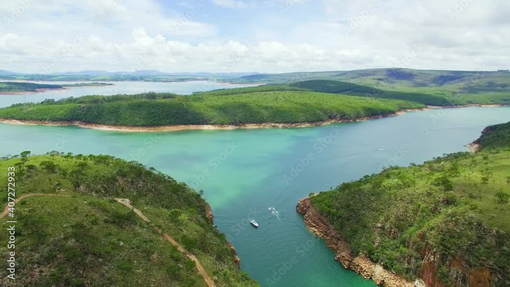 Aerial panoramic view at the Canyons of Furnas, boat rides and the Mar de Minas at Capitólio - MG, Brazil. Brazilian tourist destination. Fast side scroll video. Aerial panoramic view at the Canyons of Furnas, boat rides and the Mar de Minas at Capitólio - MG, Brazil. Brazilian tourist destination. Fast side scroll video.