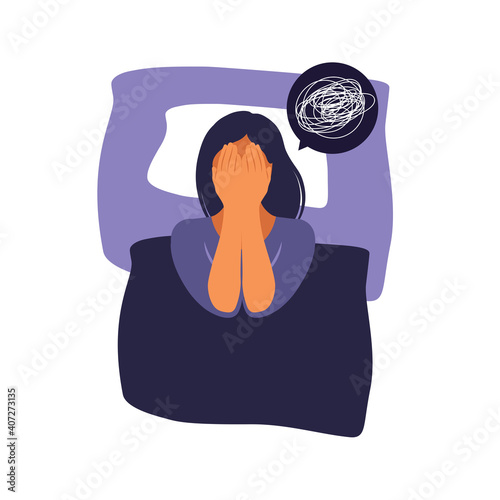 Woman lies in bed and thinks. Concept illustration of depression, insomnia, frustration, loneliness, problems. Flat vector illustration.