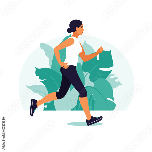 Girl running in the park. Woman doing physical activity outdoors at the park  running. Healthy lifestyle and fitness concept. Vector illustration in flat style.