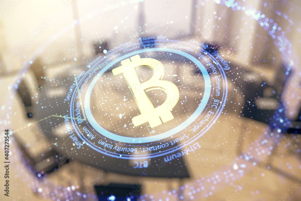 Double exposure of creative Bitcoin symbol hologram on a modern boardroom background. Mining and blockchain concept