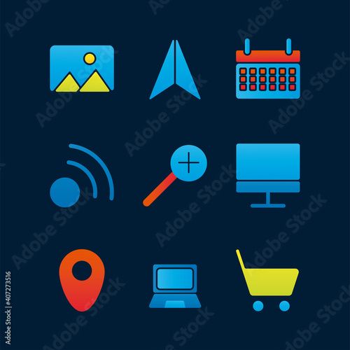 nine social media marketing set icons