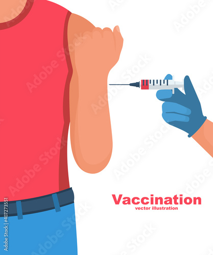 Vaccination concept. Medical template landing page. Doctor vaccinating patient in clinic. Injection in syringe. Vector illustration flat design. Isolated on white background. Shot in the shoulder.