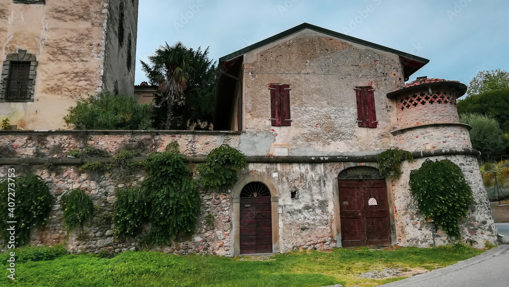 Castello Quistini or Palazzo Porcellaga, the castle of Rovato, made of stones from Sarnico, in the Franciacorta region, province of Brescia, Lombardy, Italy