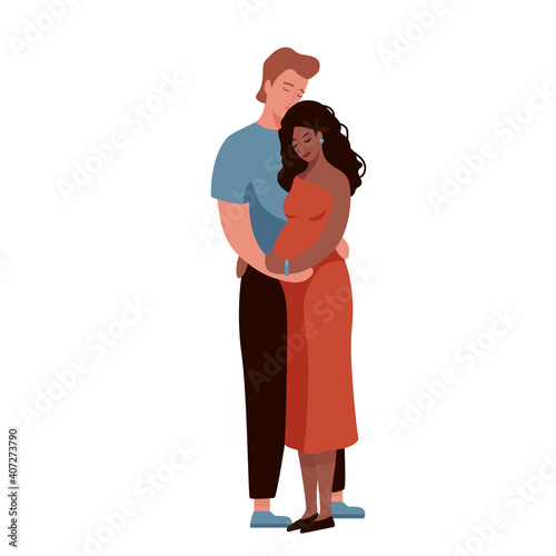 White man hugging and kissing pregnant afro american woman. Happy interracial family couple vector illustration. Husband and wife concept. Isolated on white background